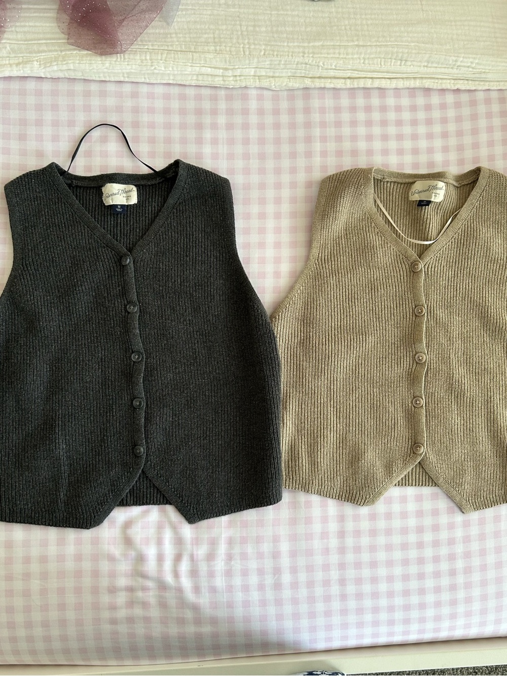 Button-Front Knit Vest in Charcoal and Beige